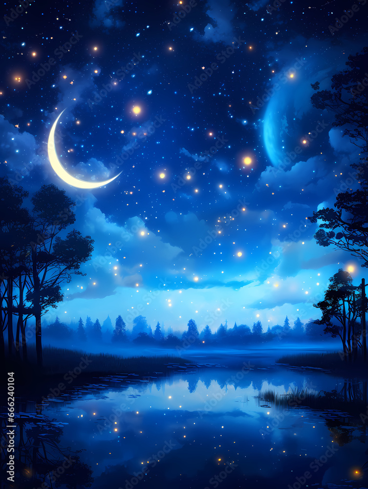 Dark blue sky at night with scattered stars in the background Dark blue sky at night with scattered stars in the background