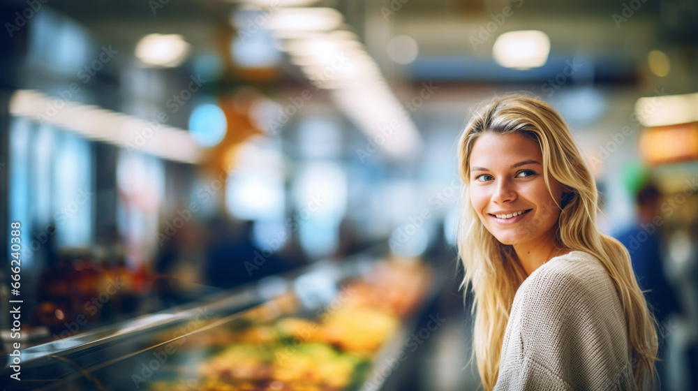 Young, cheerful blonde woman shopping in a well-stocked grocery store.