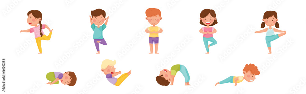 Kid Characters Doing Yoga Standing in Different Asana Vector Set Kid Characters Doing Yoga Standing in Different Asana Vector Set