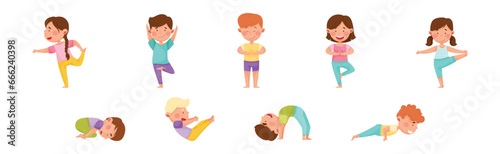 Kid Characters Doing Yoga Standing in Different Asana Vector Set