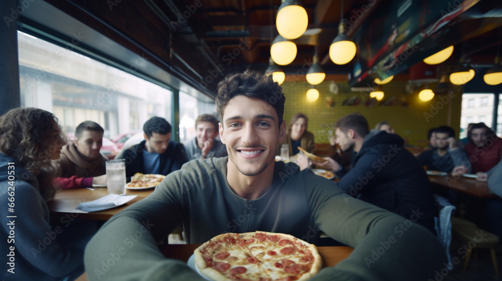 young adult caucasian man with his own pizza in a restaurant, indoor. happy man young adult caucasian man with his own pizza in a restaurant, indoor. happy man