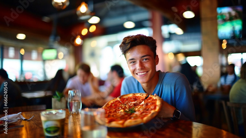 Young Man Smiles Over Pizza in Cozy Restaurant