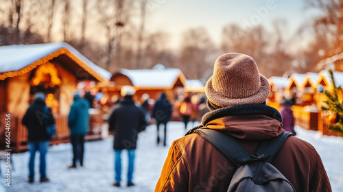 Man in Brown Jacket Walks Snowy Street, Glances Back