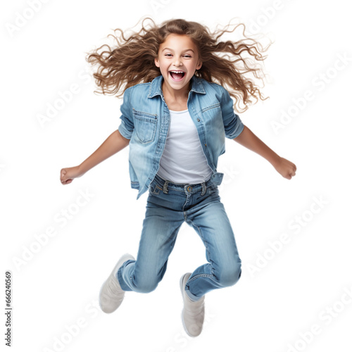 Young Girl Celebrating, Isolated in Transparent PNG – Full-Length Studio Portrait of a Jumping, Laughing, and Joyful Kid Against a White Background