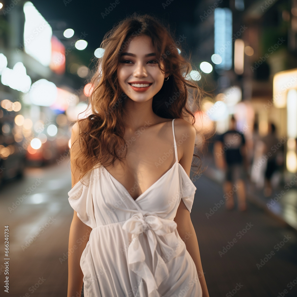 Young Asian Woman Shines in White Dress on Vibrant City Street. fictional location Young Asian Woman Shines in White Dress on Vibrant City Street. fictional location