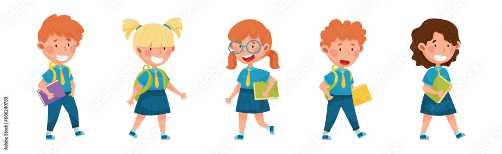 Cute Schoolkid Characters in Blue Uniform Going to School Vector Set Cute Schoolkid Characters in Blue Uniform Going to School Vector Set