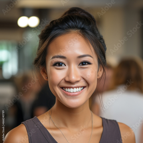 Young Asian Woman in Brown Dress Radiates Joy at Gathering