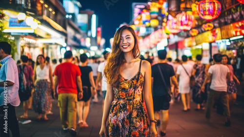 Young Asian Woman with Red Hair Shines in City Nightlife
