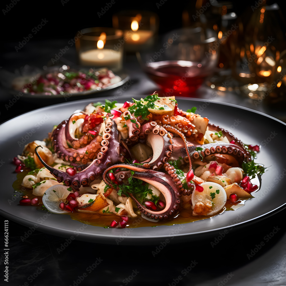A octopus salad is displayed, featuring perfectly grilled octopus slices beautifully arranged on a bed of crisp greens, accompanied by cherry tomatoes, finely sliced red onions and olives.