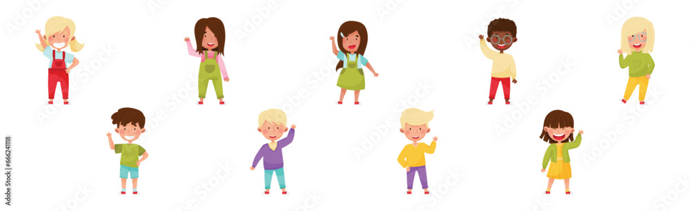 Children Character Greeting Waving Hand and Smiling Vector Set Children Character Greeting Waving Hand and Smiling Vector Set