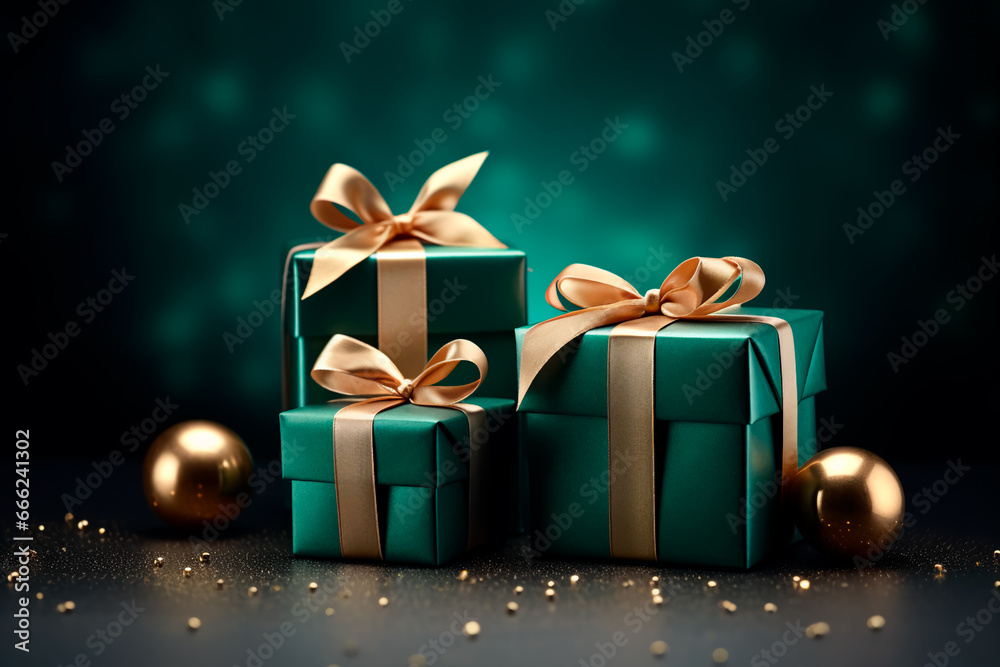 Christmas present gift boxes on a dark green background. Christmas present gift boxes on a dark green background.
