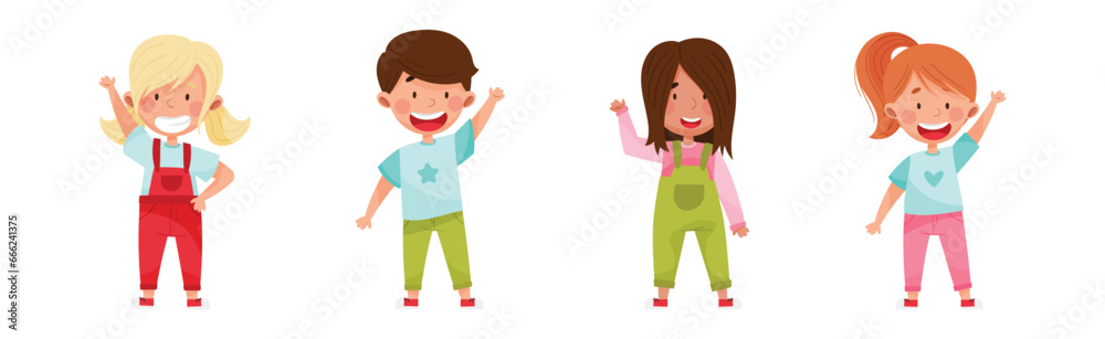 Children Character Greeting Waving Hand and Smiling Vector Set Children Character Greeting Waving Hand and Smiling Vector Set