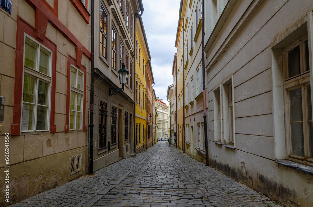 Narrow historical colorful streets of Lesser Town in Prague, the Czech Republic
