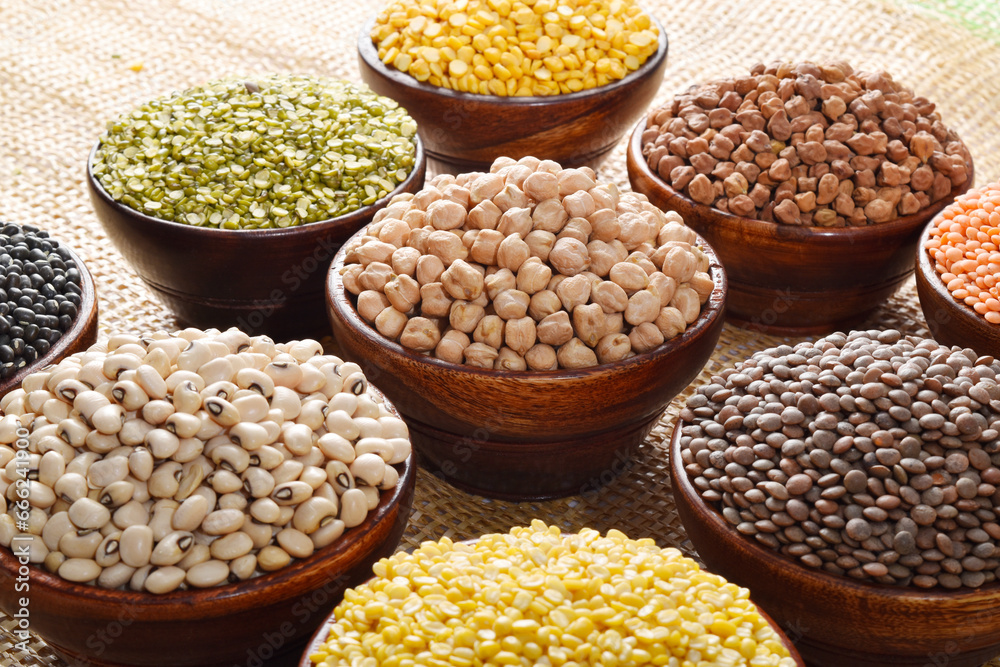 Raw lentils and legume family in bowl