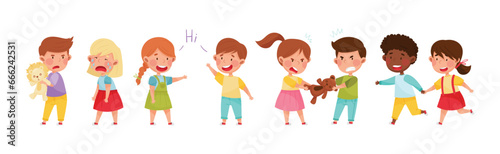 Fototapeta Naklejka Na Ścianę i Meble -  Friendly and Hostile Kids Playing Together Vector Illustration Set