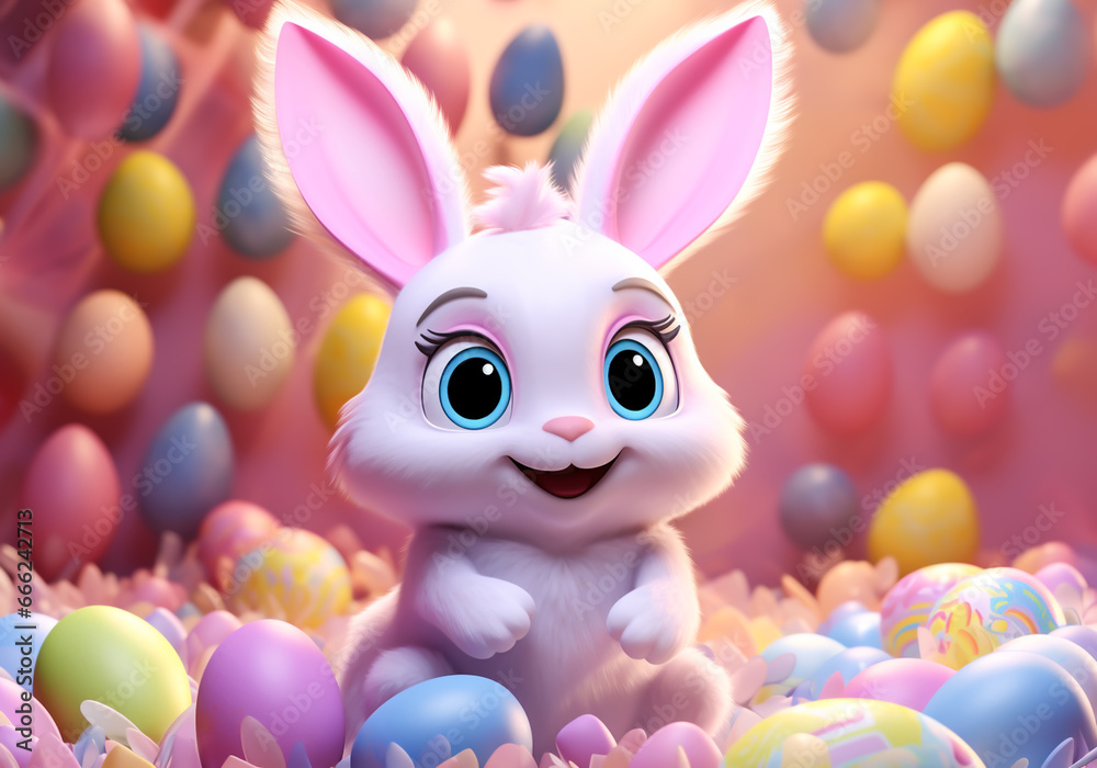 Funny easter card with rabbit and eggs for illustrations for children or other uses. Easter time. AI generated Funny easter card with rabbit and eggs for illustrations for children or other uses. Easter time. AI generated