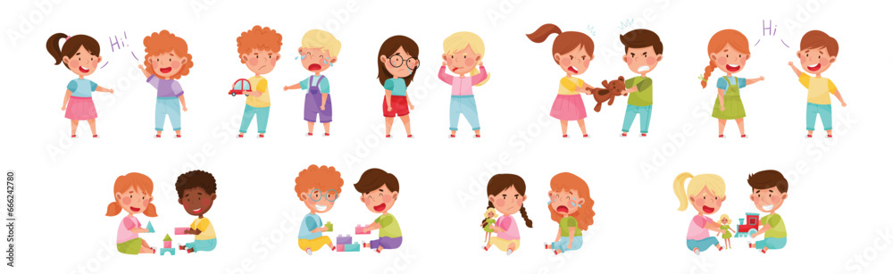 Friendly and Hostile Kids Playing Together Vector Illustration Set