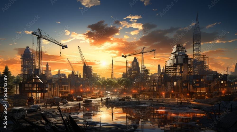 Enchanting Urban Reflections: Captivating Skyline Lights and Tranquil Waters under the Evening Sunset, generative AI
