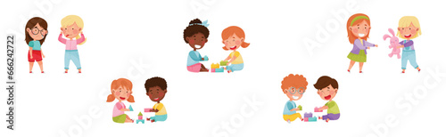 Friendly and Hostile Kids Playing Together Vector Illustration Set
