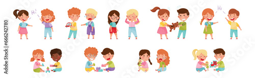 Friendly and Hostile Kids Playing Together Vector Illustration Set