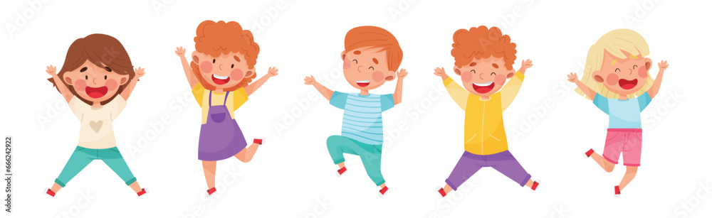 Happy Kids Jumping with Hands Raising Up Cheering and Rejoicing Vector Set