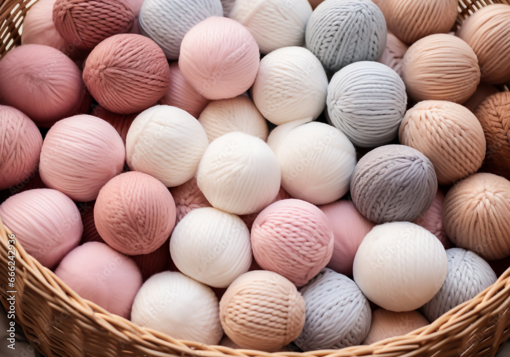 Balls of wool in pastel colors, in a basket, for making warm clothes and warm accessories. Winter time. AI generated Balls of wool in pastel colors, in a basket, for making warm clothes and warm accessories. Winter time. AI generated