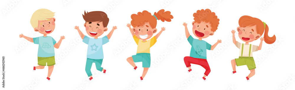 Happy Kids Jumping with Hands Raising Up Cheering and Rejoicing Vector Set Happy Kids Jumping with Hands Raising Up Cheering and Rejoicing Vector Set