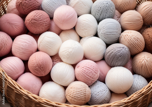 Balls of wool in pastel colors, in a basket, for making warm clothes and warm accessories. Winter time. AI generated © Alicina