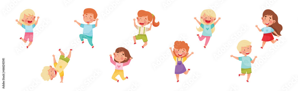Happy Kids Jumping with Hands Raising Up Cheering and Rejoicing Vector Set
