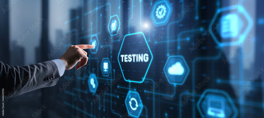 Hand pressing button TESTING inscription. Technology icons Hand pressing button TESTING inscription. Technology icons