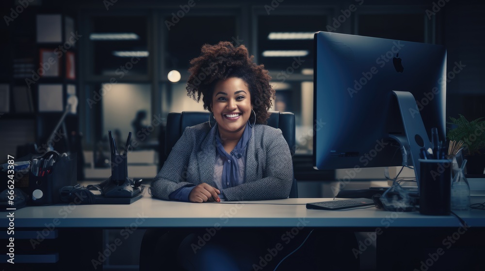 plus size happy curvy black woman manager modern office successful job business photo black - obrazy, fototapety, plakaty 