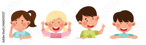 Cute Boy and Girl Characters Talking and Speaking at Table or Desk Vector Illustration Set