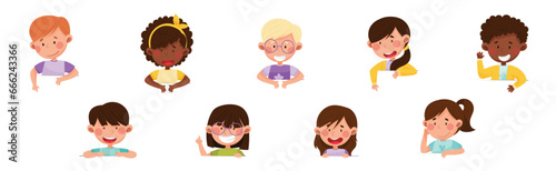 Cute Boy and Girl Characters Talking and Speaking at Table or Desk Vector Illustration Set