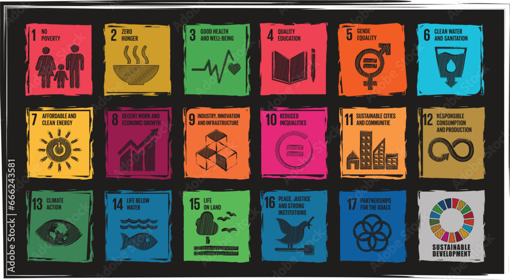 Sustainable Development global goals icon set chock board sketch. School Education concept. Sustainable Development for a better world. Vector illustration.