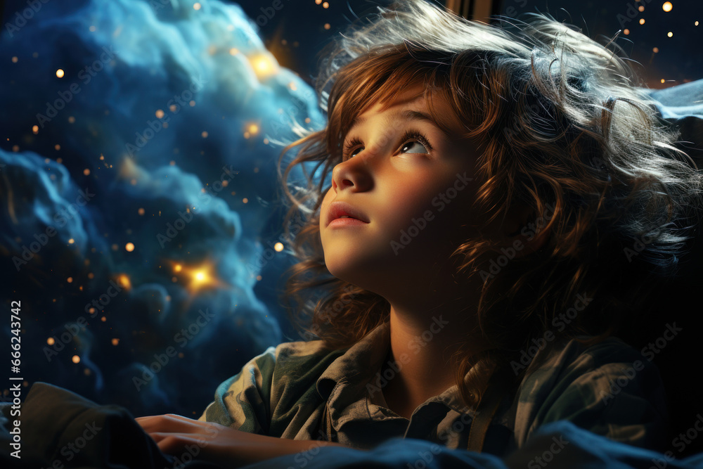 A kid gazing at a starry night, representing the dreams and aspirations of children with learning disabilities. Concept of learning support for kids. Generative Ai. A kid gazing at a starry night, representing the dreams and aspirations of children with learning disabilities. Concept of learning support for kids. Generative Ai.