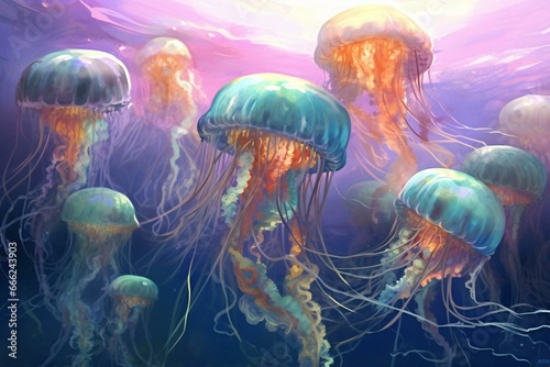 An ocean painting featuring a cluster of jellyfish. Generative AI © Nicolae