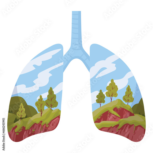 Cartoon clean lungs. Human healthy lungs, fresh air, green planet lungs metaphor, clean respiratory system flat vector illustration. Good ecology condition