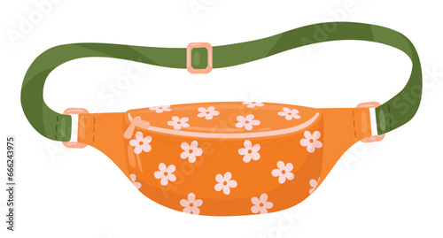 Cartoon waist bag. Nylon belt bag with zipper pockets, casual vintage 90s fashion pouch flat vector illustration. Old school waist bag