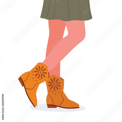 Female legs wearing boots. Cartoon woman wear suede boots and skirt, trendy female outfit flat vector illustration. Legs in fashion footwear