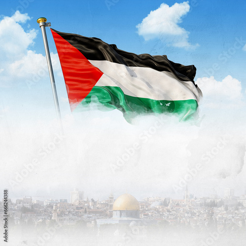 Filistin şehrinin arka planında Filistin bayrağı Translation : palestinian flag on palestine city background
 photo