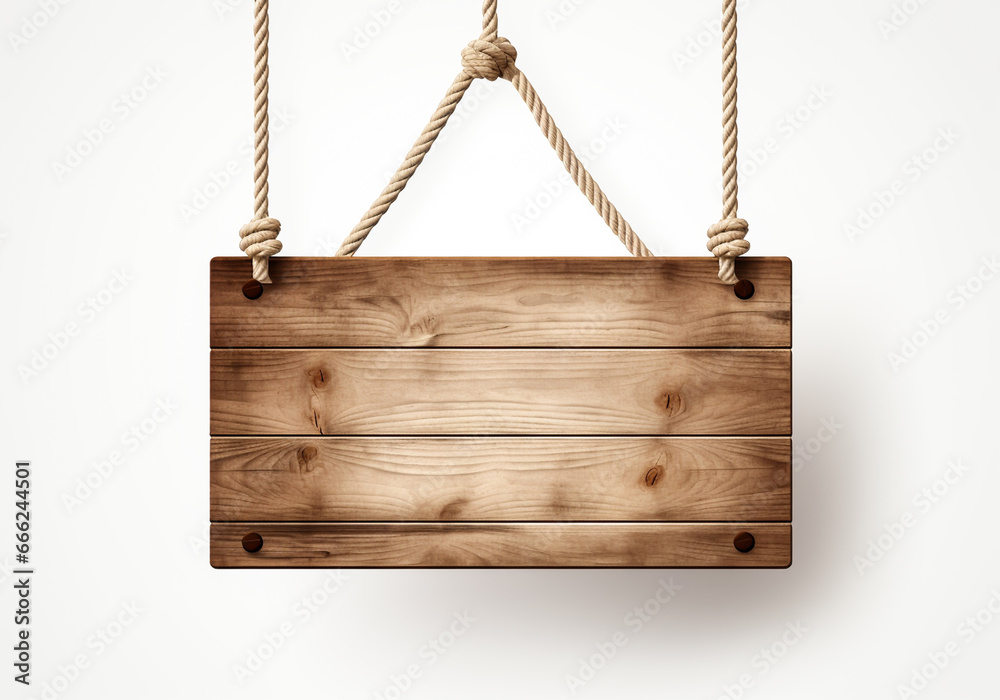 Wooden sign hanging on rope on white background. Free space for text. AI generated Wooden sign hanging on rope on white background. Free space for text. AI generated