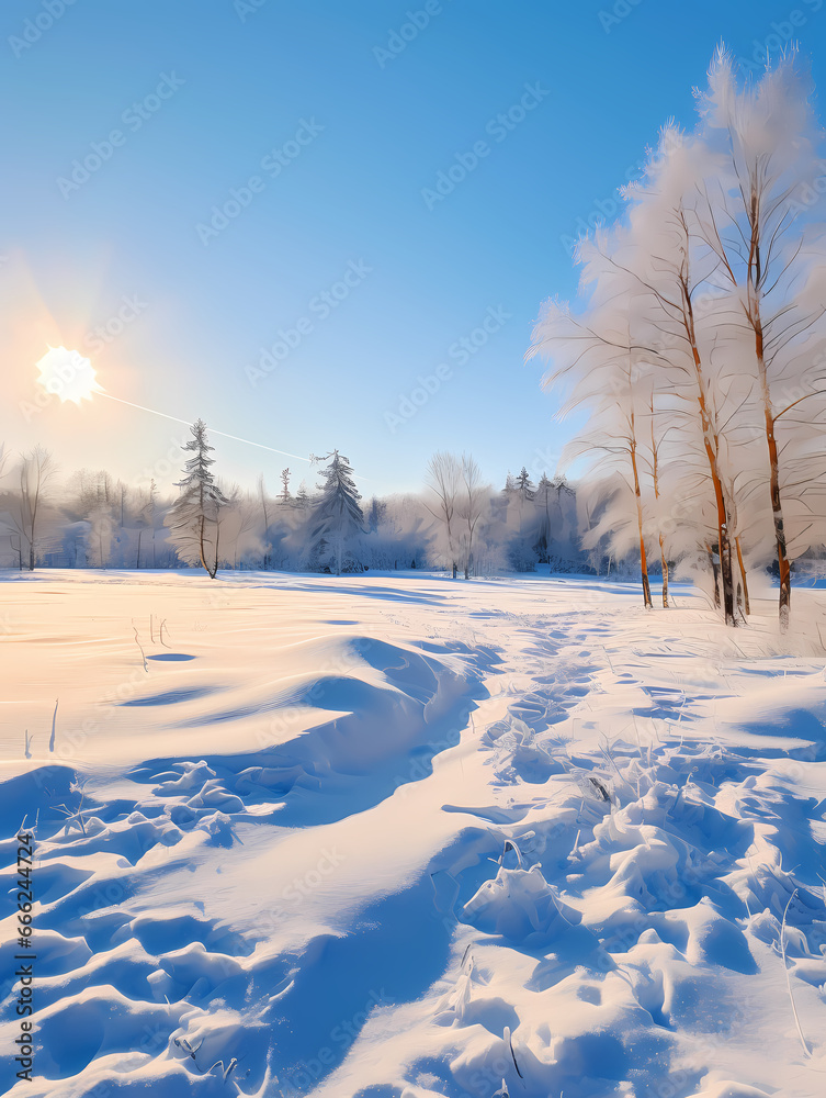 Snow covered grass background in winter sunlight