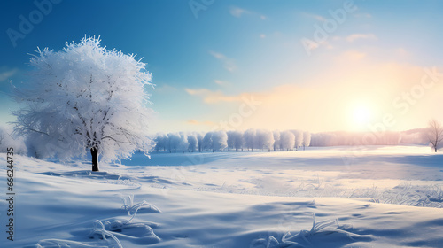 Snow covered grass background in winter sunlight