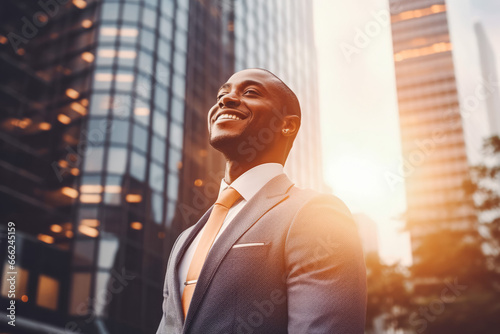 Happy rich wealthy successful african businessman standing in the big city with business buildings in the background. Successful man in the city