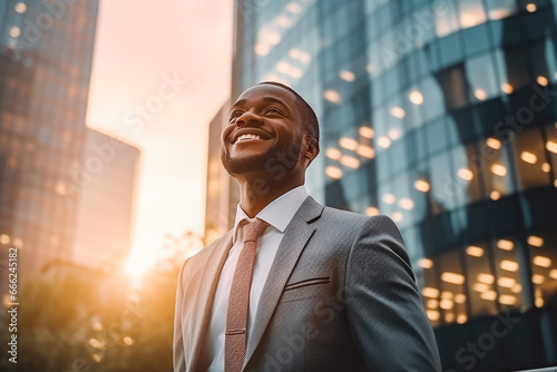 Happy rich wealthy successful african businessman standing in the big city with business buildings in the background. Successful man in the city