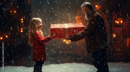 Grandfather giving Christmas gift to granddaughter