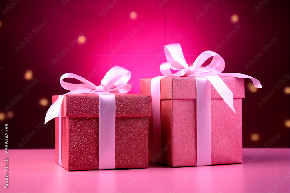 Christmas present gift boxes on a dark pink background. Christmas present gift boxes on a dark pink background.
