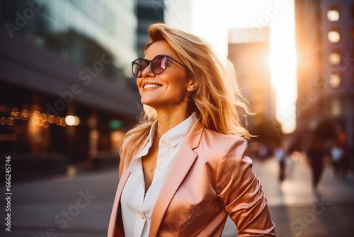 Happy rich wealthy successful swedish businesswoman standing in the big city with business buildings in the background. Successful woman in the city