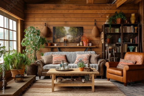 Rural living room with farmhouse decor. Generative AI