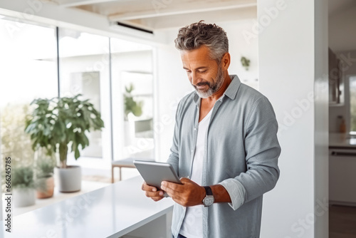 Happy hispanic man using tablet on white wall in smart home. Modern home innovation and technology. Using a mobile tablet to control smart home.